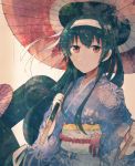  10s 1girl alternate_costume black_hair fusou_(kantai_collection) hair_ornament headband holding holding_umbrella itomugi-kun japanese_clothes kantai_collection kimono long_hair long_sleeves obi oriental_umbrella red_eyes sash smile solo umbrella wide_sleeves yukata 