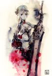  1girl armor armored_dress blue_eyes breasts chains cleavage eyelashes flower gloves graphite_(medium) looking_at_viewer mechanical_pencil pale_skin pencil petals red_rose rose silver_hair simple_background sinoalice snow_white_(sinoalice) solo standing sword tikuwabu traditional_media watercolor_(medium) weapon 