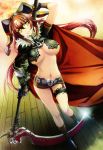  1girl absurdres bangs boots breasts cape elbow_gloves fur_trim gauntlets gloves hat highres holding holding_weapon hyakka_ryouran_samurai_girls jester_cap knee_boots large_breasts looking_away midriff nishii_(nitroplus) redhead scan scythe shiny short_sleeves shorts smile solo thigh_strap tokugawa_sen turtleneck weapon wooden_floor yellow_eyes 