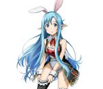  1girl adjusting_clothes adjusting_legwear animal_ears asuna_(sao-alo) blue_eyes blue_hair breasts choker cleavage cowboy_shot fake_animal_ears floating_hair garters hairband leotard looking_at_viewer medium_breasts neck_ribbon parted_lips pointy_ears rabbit_ears red_ribbon ribbon solo standing sword_art_online thigh-highs transparent_background violet_eyes white_leotard wrist_cuffs 