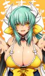  1girl bare_shoulders blonde_hair blush breasts cleavage fate/grand_order fate_(series) heart horns kiyohime_(fate/grand_order) large_breasts looking_at_viewer mofuaki smile solo translation_request 