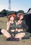  2girls ;p akanbe akiyama_yukari ammunition arm_support bandaid bangs belt beret black_gloves black_hat boots breasts brown_eyes brown_hair camouflage canteen cleavage closed_eyes collar_tug collarbone combat_boots crop_top day dog_tags emblem full_body girls_und_panzer gloves ground_vehicle hat hot indian_style looking_at_viewer medium_breasts messy_hair military military_hat military_vehicle multiple_girls nakamura_3sou name_tag navel nishizumi_miho one_eye_closed outdoors panties pants panty_peek real_world_location short_hair shorts sitting sweat tactical_clothes tongue tongue_out underwear white_panties 