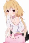  1girl :3 ahoge bangs bent_over black_legwear blonde_hair blush bow brown_eyes collarbone commentary_request flat_chest futaba_anzu hair_bow hand_rest idolmaster idolmaster_cinderella_girls kneeling long_hair looking_at_viewer low_twintails no_pants off_shoulder open_mouth oversized_clothes polka_dot polka_dot_bow ratsuku_kinoko shadow shirt short_sleeves sidelocks simple_background solo spread_legs stuffed_animal stuffed_bunny stuffed_toy t-shirt teeth thigh-highs twintails very_long_hair white_background white_bow white_shirt 