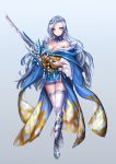  1girl bare_shoulders blue_background blue_hair blue_kimono box_(hotpppink) breasts cleavage closed_mouth collarbone commentary_request expressionless frilled_sleeves frills full_body furisode gradient gradient_background highres holding holding_sword holding_weapon japanese_clothes kimono large_breasts legs_together long_hair looking_at_viewer obi off_shoulder pale_skin phantom_of_the_kill sash shiny shiny_skin solo standing sword tassel thigh-highs very_long_hair weapon white_legwear yellow_eyes 