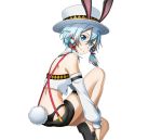  1girl animal_ears black_panties black_shorts blue_eyes blue_hair bunny_tail detached_sleeves fake_animal_ears hair_between_eyes hair_ribbon hat looking_at_viewer panties rabbit_ears red_ribbon ribbon shinon_(sao-alo) short_hair_with_long_locks short_shorts shorts sidelocks smile solo sword_art_online tail transparent_background underwear white_hat 