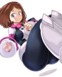  1girl belt blush bodysuit boku_no_hero_academia boots breasts brown_eyes brown_hair choker dark_fuu floating_hair highres medium_breasts short_eyebrows short_hair simple_background smile solo thick_thighs thighs uraraka_ochako utility_belt white_background 