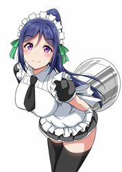  1girl apron behind_back black_legwear black_necktie blue_hair eyebrows_visible_through_hair frilled_apron frills green_ribbon hair_ribbon holding holding_tray leaning_forward long_ponytail looking_at_viewer love_live! love_live!_sunshine!! maid maid_headdress matsuura_kanan necktie ribbon short_sleeves sidelocks simple_background smile solo thigh-highs tray violet_eyes white_background yopparai_oni 