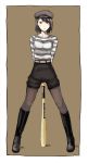  1girl arms_behind_back baseball_bat belt boots brown_eyes brown_hair full_body hat high_waisted_pants knee_boots looking_at_viewer ogros original pantyhose shirt short_hair shorts simple_background solo spread_legs standing striped striped_shirt 
