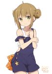  1girl ahoge bangs blush brown_hair closed_mouth collarbone dated double_bun eyebrows_visible_through_hair hair_between_eyes looking_at_viewer ootani_nyuu overall_shorts ragho_no_erika simple_background smile solo sukurizo! 