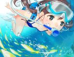  1girl air_bubble ama_mitsuki bangs bikini blue_bikini blush breasts brown_hair collarbone diving_mask fish flippers floating_hair goggles goggles_on_head grey_eyes hair_ornament hair_scrunchie long_hair looking_afar low_twintails original school_of_fish scrunchie scuba scuba_gear small_breasts solo swimsuit twintails underwater you&#039;re_doing_it_wrong 