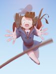  1girl absurdres broom brown_hair flying from_below hat hat_removed headwear_removed highres kagari_atsuko little_witch_academia long_hair open_mouth outstretched_arms solo witch_hat xnm 