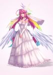  1girl angel_wings breasts bridal_gauntlets bridal_veil cleavage dress elbow_gloves feathered_wings gloves gzei halo jibril_(no_game_no_life) long_hair low_wings magic_circle medium_breasts multicolored multicolored_eyes multicolored_hair no_game_no_life pink_hair smile solo tattoo veil very_long_hair violet_eyes wedding_dress white_dress white_gloves white_wings wing_ears wings yellow_eyes 