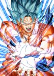  1boy absurdres attack attacking_viewer blue_background blue_eyes blue_hair colorful dougi dragon_ball dragonball_z energy energy_ball fighting_stance fingernails greymon_(nodoame1215) highres kamehameha looking_at_viewer official_style open_hands open_mouth outstretched_arms outstretched_hand serious short_hair solo son_gokuu spiky_hair super_saiyan_blue 
