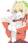  1girl bangs blonde_hair breasts dress epaulettes eyebrows_visible_through_hair fate/extra fate_(series) green_eyes hair_intakes heart highres index_finger_raised large_breasts nesume red_dress saber_extra sidelocks simple_background sketch solo upper_body white_background 