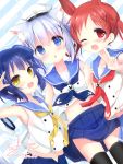  3girls animal_ears black_legwear blue_eyes blue_hair blue_neckerchief blue_skirt blush cat_ears dated eyebrows_visible_through_hair gochuumon_wa_usagi_desu_ka? hair_ornament highres jouga_maya kafuu_chino katou_megumi kouda_suzu long_hair looking_at_viewer multiple_girls navel neckerchief one_eye_closed open_mouth rabbit_ears red_neckerchief redhead short_hair signature skirt smile thigh-highs twintails v x_hair_ornament yellow_eyes yellow_neckerchief 