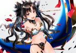  1girl artist_request black_hair blush crown earrings fate/grand_order fate_(series) gem hair_ribbon ishtar_(fate/grand_order) jewelry long_hair looking_at_viewer navel open_mouth red_eyes ribbon shiny shiny_hair shiny_skin solo thigh-highs tohsaka_rin twintails 