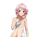  1girl breasts cleavage collarbone hair_ornament hairclip lisbeth_(sao-alo) looking_at_viewer medium_breasts naked_towel pink_hair pointy_ears red_eyes short_hair smile solo sword_art_online towel transparent_background wet white_towel 