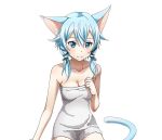  1girl animal_ears arm_support black_ribbon blue_eyes blue_hair blush bow breasts cat_ears cat_tail cleavage collarbone hair_bow hair_ribbon looking_at_viewer medium_breasts naked_towel ribbon shinon_(sao-alo) shiny shiny_skin short_hair_with_long_locks sidelocks sitting smile solo sword_art_online tail towel transparent_background white_towel 
