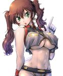  1girl adapted_costume amania_orz breasts brown_hair character_request green_eyes gundam large_breasts midriff mobile_suit_gundam navel tagme under_boob 