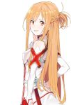  1girl armor asuna_(sao) bangs blonde_hair breastplate eyebrows_visible_through_hair from_side grin half_updo hand_on_hip long_hair looking_at_viewer looking_back nesume parted_lips simple_background smile solo sword_art_online teeth upper_body white_background yellow_eyes 