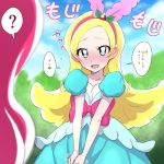  2girls ? blonde_hair blue_eyes blush hair_ornament hairband kirahoshi_ciel kirakira_precure_a_la_mode long_hair multiple_girls nakahira_guy open_mouth pink_hair pink_hairband precure smile sparkling_eyes speech_bubble spoken_question_mark translation_request usami_ichika 