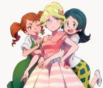  3girls ;p alternate_costume alternate_hairstyle barbara_(little_witch_academia) blue_eyes blue_hair blush bow breasts brown_eyes candy diana_cavendish dress food green_hair hair_bow hairband hanna_(little_witch_academia) holding_arm hug hug_from_behind licking little_witch_academia lollipop looking_at_viewer miyazaki_shiori multiple_girls one_eye_closed pink_bow redhead short_sleeves simple_background smile tongue tongue_out twintails white_background 