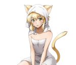  1girl animal_ears argo_the_rat between_legs blonde_hair breasts cat_ears cat_tail cleavage collarbone facial_mark green_eyes hand_between_legs long_hair naked_towel open_mouth shiny shiny_skin short_hair_with_long_locks sidelocks sitting small_breasts solo sword_art_online tail towel towel_on_head transparent_background white_towel 