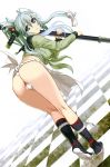  1girl absurdres ass breasts front-tie_top fundoshi gotou_matabei green_hair highres hyakka_ryouran_samurai_girls japanese_clothes kneepits large_breasts long_hair long_sleeves looking_at_viewer looking_back nishii_(nitroplus) ponytail simple_background solo sword weapon 