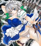  1girl apron blue_dress blue_eyes braid breasts cleavage collarbone dress hair_ribbon highres izayoi_sakuya knife lace lace-trimmed_panties large_breasts marker_(medium) panties puffy_short_sleeves puffy_sleeves ribbon short_sleeves silver_hair solo thigh_strap thighs touhou traditional_media tress_ribbon twin_braids twobee underwear waist_apron white_panties wind wind_lift 