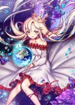  1girl artist_name bare_shoulders blush choker crown earth flower globe looking_at_viewer original parted_lips petals purple_rose red_ribbon rewolf ribbon rose smile solo yellow_eyes 