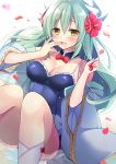  1girl aqua_hair blush bow breasts dragon_girl dragon_horns eyebrows_visible_through_hair fate/grand_order fate_(series) flower hair_between_eyes hair_flower hair_ornament highres horns ikura_nagisa japanese_clothes kimono kiyohime_(fate/grand_order) kiyohime_(swimsuit_lancer)_(fate) long_hair medium_breasts neck_garter off_shoulder one-piece_swimsuit open_mouth partially_submerged petals red_bow red_flower simple_background solo swimsuit water white_background yellow_eyes 