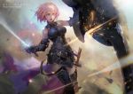  1girl armor armored_boots bare_shoulders belt blue_eyes boots breasts cowter dutch_angle elbow_gloves explosion fate/grand_order fate_(series) gloves gorget highres looking_to_the_side pink_hair plackart qmo_(chalsoma) sheath shield shielder_(fate/grand_order) short_hair solo standing sword thigh-highs vambraces weapon zettai_ryouiki 