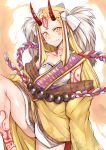  absurdres belt blonde_hair breasts collarbone earrings fang_out fate/grand_order fate_(series) gggg highres horns ibaraki_douji_(fate/grand_order) japanese_clothes jewelry kimono long_hair looking_at_viewer no_eyebrows one_leg_raised oni smile tattoo yellow_eyes 