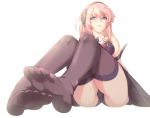  1girl black_legwear black_panties blue_eyes blurry breasts commentary_request depth_of_field eyebrows_visible_through_hair feet full_body headphones long_hair medium_breasts megurine_luka no_shoes panties parted_lips pink_hair revision simple_background sitting soles solo thigh-highs toes underwear vocaloid white_background yui.h 