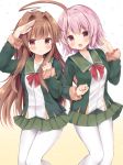  2girls :d ahoge brown_eyes brown_hair buttons cosplay eyebrows_visible_through_hair fur_trim gradient gradient_background green_jacket green_skirt highres jacket kantai_collection kuma_(kantai_collection) kunashiri_(kantai_collection) kunashiri_(kantai_collection)_(cosplay) long_hair long_sleeves masayo_(gin_no_ame) multiple_girls open_mouth pantyhose pink_hair pleated_skirt red_eyes red_ribbon revision ribbon shimushu_(kantai_collection) shimushu_(kantai_collection)_(cosplay) short_hair skirt smile tama_(kantai_collection) white_legwear 