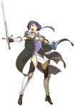  1girl armor armored_boots bare_shoulders bell black_eyes boots breastplate cape fingerless_gloves fire_emblem fire_emblem_cipher fire_emblem_echoes:_mou_hitori_no_eiyuuou gloves hidari_(left_side) long_hair open_mouth purple_hair solo sword teeth thigh-highs transparent_background weapon yuzu_(fire_emblem) 