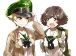  adjusting_clothes adjusting_hat akiyama_yukari backpack bag bangs black_bow blonde_hair blouse bow brown_eyes brown_jacket closed_mouth commentary erwin_(girls_und_panzer) girls_und_panzer goggles goggles_on_headwear green_hat hat jacket light_smile long_sleeves looking_at_another military military_hat military_jacket military_uniform miyamoto_(36cstll) ooarai_school_uniform open_clothes open_jacket open_mouth peaked_cap pointy_hair school_uniform serafuku short_hair simple_background smile standing uniform upper_body white_background white_blouse 