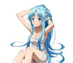  1girl armpits arms_up asuna_(sao) bad_anatomy blue_eyes blue_hair blush breasts cleavage collarbone hands_in_hair long_hair looking_at_viewer medium_breasts naked_towel pointy_ears shiny shiny_skin sitting smile solo sword_art_online towel transparent_background very_long_hair wet white_towel 