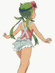  1girl apron ass back bare_shoulders blush_stickers bow dark_skin flower flower_on_head from_behind green_eyes green_hair hair_flower hair_ornament highres legs mallow_(pokemon) om_(nk2007) outstretched_arms overalls pink_shirt pokemon pokemon_(game) pokemon_sm shiny shiny_skin shirt sleeveless smile solo spread_arms trial_captain twintails walking 