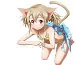 1girl animal animal_ears animal_on_back bikini blush breasts brown_hair cat_ears cat_tail cleavage frilled_bikini frills hair_between_eyes long_hair pina_(sao) red_eyes shiny shiny_skin short_twintails silica_(sao-alo) small_breasts smile solo swimsuit sword_art_online tail transparent_background twintails wet yellow_bikini 
