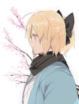  1girl ahoge bangs black_bow black_scarf bow cherry_blossoms closed_mouth fate_(series) from_side half_updo haori japanese_clothes kimono koha-ace nesume ponytail profile sakura_saber scarf short_hair sidelocks simple_background sketch solo white_background white_kimono yellow_eyes 