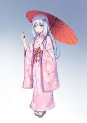  1girl bangs blue_background blue_eyes blue_hair blush closed_mouth eromanga_sensei eyebrows_visible_through_hair full_body furisode gradient gradient_background holding holding_umbrella izumi_sagiri japanese_clothes kimono long_hair looking_at_viewer obi oriental_umbrella pink_kimono sandals sash silver_hair solo stylus umbrella white_legwear xiaosan_ye 