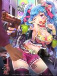  1girl black_legwear blue_hair blue_nails blush bow bracelet breasts cleavage collar company_name furyou_michi_~gang_road~ gun hair_bow heart holding holding_gun holding_lollipop holding_weapon jewelry large_breasts long_hair looking_at_another nail_polish one_eye_closed open_mouth pink_bow smile teeth thigh-highs twintails violet_eyes weapon yeonwa 