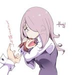  3girls breasts brown_hair chris_(mario) hair_over_one_eye half-closed_eyes hug kagari_atsuko little_witch_academia long_hair long_sleeves multiple_girls pink_hair puppet reaching school_uniform simple_background sucy_manbavaran text translation_request upper_body white_background 