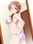  1girl :o adjusting_clothes adjusting_swimsuit ass bikini brown_eyes demi-chan_wa_kataritai low_twintails mirror poncho_s redhead reflection solo swimsuit takanashi_himari twintails white_bikini 