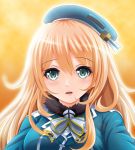  1girl aqua_eyes atago_(kantai_collection) beret blonde_hair bow bowtie gradient gradient_background hat kantai_collection long_hair looking_at_viewer parted_lips simple_background solo tk8d32 yellow_background 