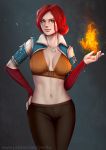  1girl blue_eyes breasts elbow_gloves fire gloves hair_bun hand_on_hip jewelry large_breasts looking_at_viewer magic midriff navel necklace redhead solo the_witcher triss_merigold ynorka_chiu 