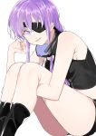  1girl bangs black_boots boots eyepatch leg_hug legs_together long_hair looking_at_viewer mirai_nikki nesume parted_lips purple_hair simple_background sitting solo thighs uryuu_minene violet_eyes white_background 