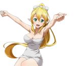  1girl :d armpits arms_up blonde_hair braid breasts cleavage collarbone green_eyes hair_between_eyes high_ponytail leafa long_hair looking_at_viewer medium_breasts naked_towel open_mouth pointy_ears shiny shiny_skin smile solo sword_art_online towel transparent_background twin_braids very_long_hair white_towel 
