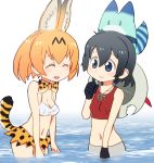 2girls :d ^_^ adapted_costume animal_ears bare_shoulders bikini_top black_gloves black_hair blonde_hair blue_eyes bow bowtie breasts closed_eyes commentary_request crop_top facing_another gloves hair_between_eyes hat hat_around_neck highres kaban_(kemono_friends) kemono_friends looking_at_another lucky_beast_(kemono_friends) multiple_girls navel open_mouth partially_submerged print_bowtie print_skirt red_shirt sat-c serval_(kemono_friends) serval_ears serval_print serval_tail shirt short_hair skirt small_breasts smile tail tank_top wading water white_bikini_top 